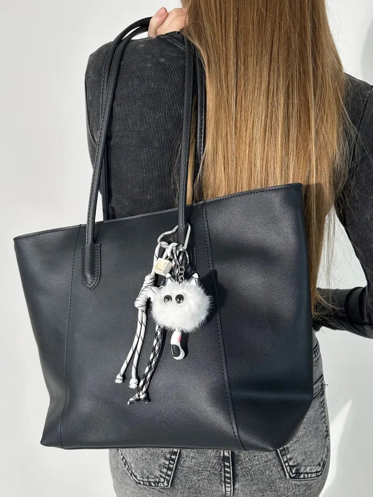 Porte - clés peluche chat, bijou de sac mignon, breloque fantaisie blanche, mousqueton cœur, accessoire sac original, modèle Pouf - Bijoux de sac - Blanc