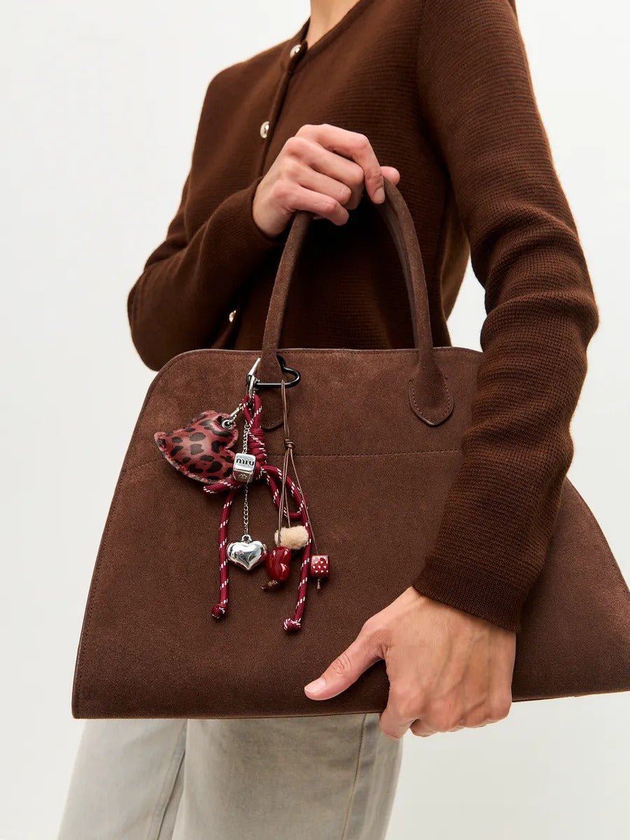 Porte - clés sac cœur léopard, bijou fantaisie, breloques peluche, nœud décoratif, attache mousqueton, modèle Savana - Rouge