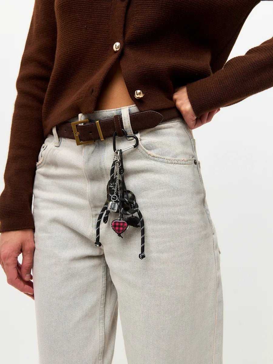 Porte - clés sac cœur léopard, bijou fantaisie, breloques peluche, nœud décoratif, attache mousqueton, modèle Savana - Noir