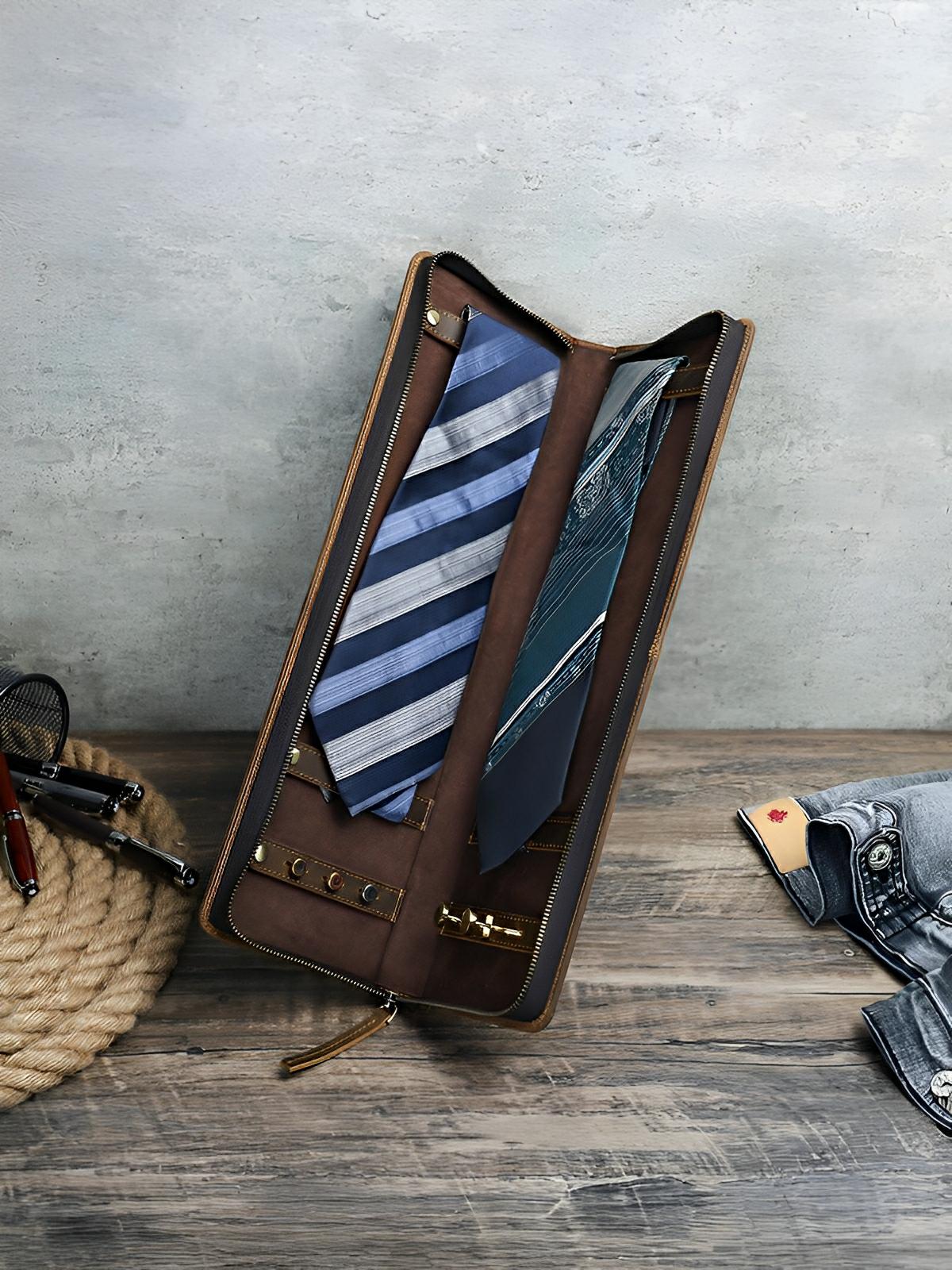 Porte cravate, en cuir, style rétro, modèle Fulgence - Coffret - Café