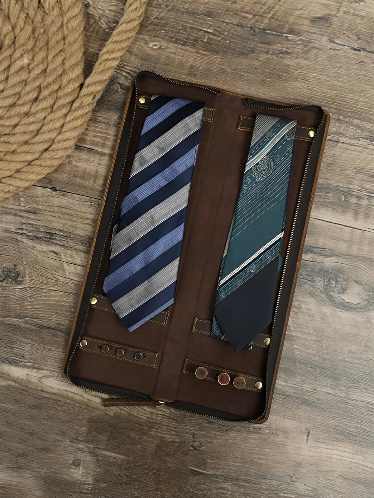Porte cravate, en cuir, style rétro, modèle Fulgence - Coffret - Café
