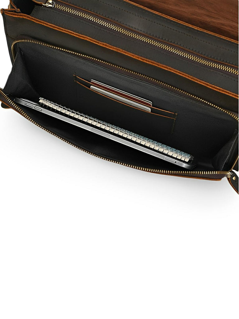 Porte - document en cuir, format pochette à rabat, bandoulière ajustable, modèle Venance - Porte - document - Café