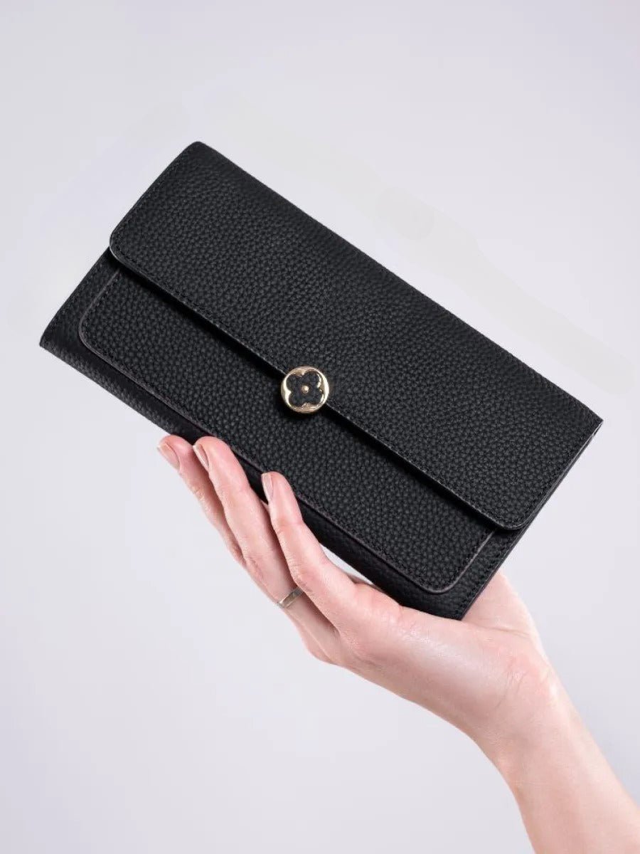 Portefeuille femme cuir, long format, bouton trèfle, multiples rangements, porte - cartes, porte - monnaie, modèle Armance - Porte - feuille - Noir