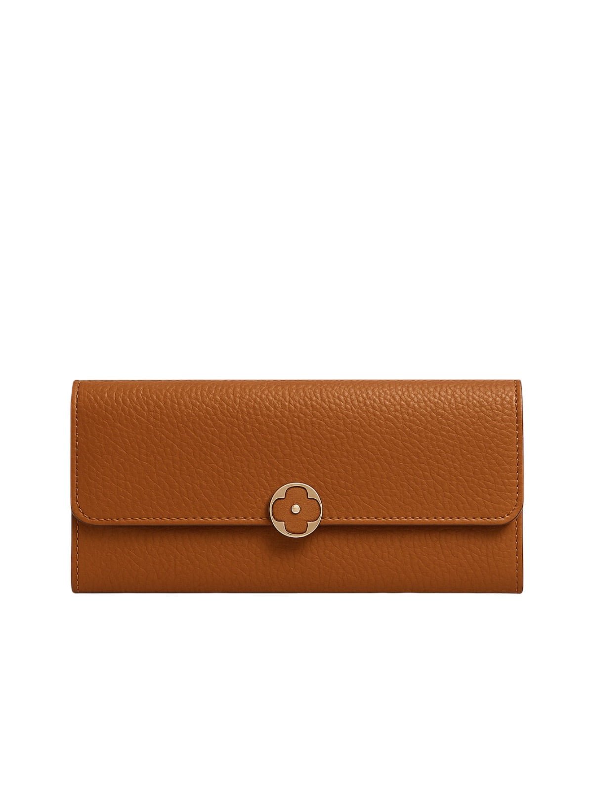 Portefeuille femme cuir, long format, bouton trèfle, multiples rangements, porte - cartes, porte - monnaie, modèle Armance - Porte - feuille - Marron