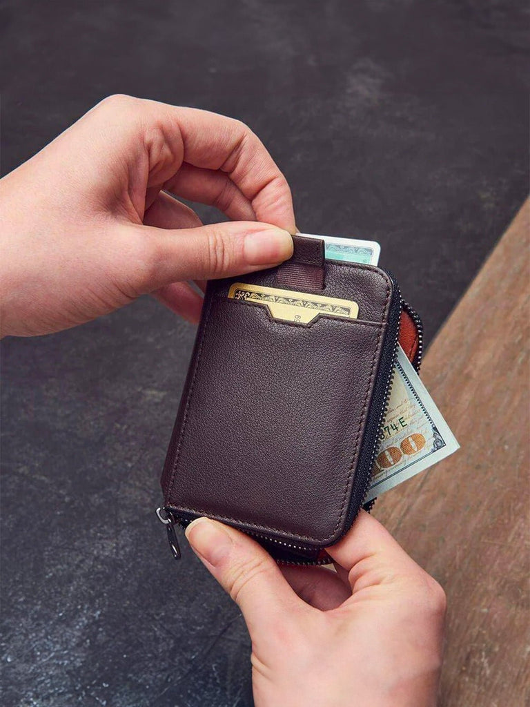Portefeuille homme compact RFID, en simili vegan, zip intégral, tiroir cartes, format mince, pratique et moderne, modèle Ruino - Porte - feuille - Café