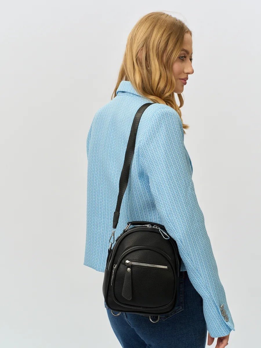 Sac à dos compact femme, sac trois positions, sac à main urbain, petit sac multifonction, sac à bandoulière, modèle Melitine - Sac à dos - Noir