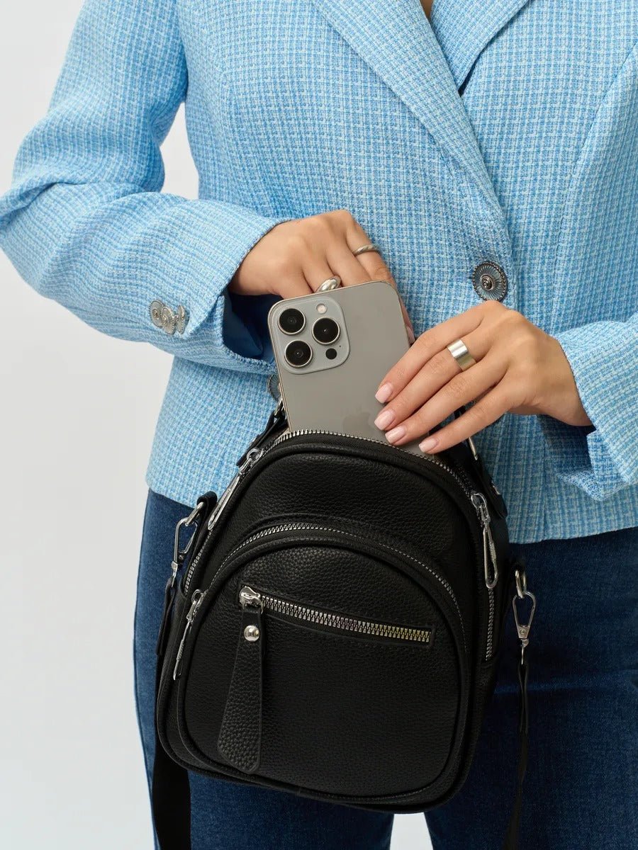 Sac à dos compact femme, sac trois positions, sac à main urbain, petit sac multifonction, sac à bandoulière, modèle Melitine - Sac à dos - Noir