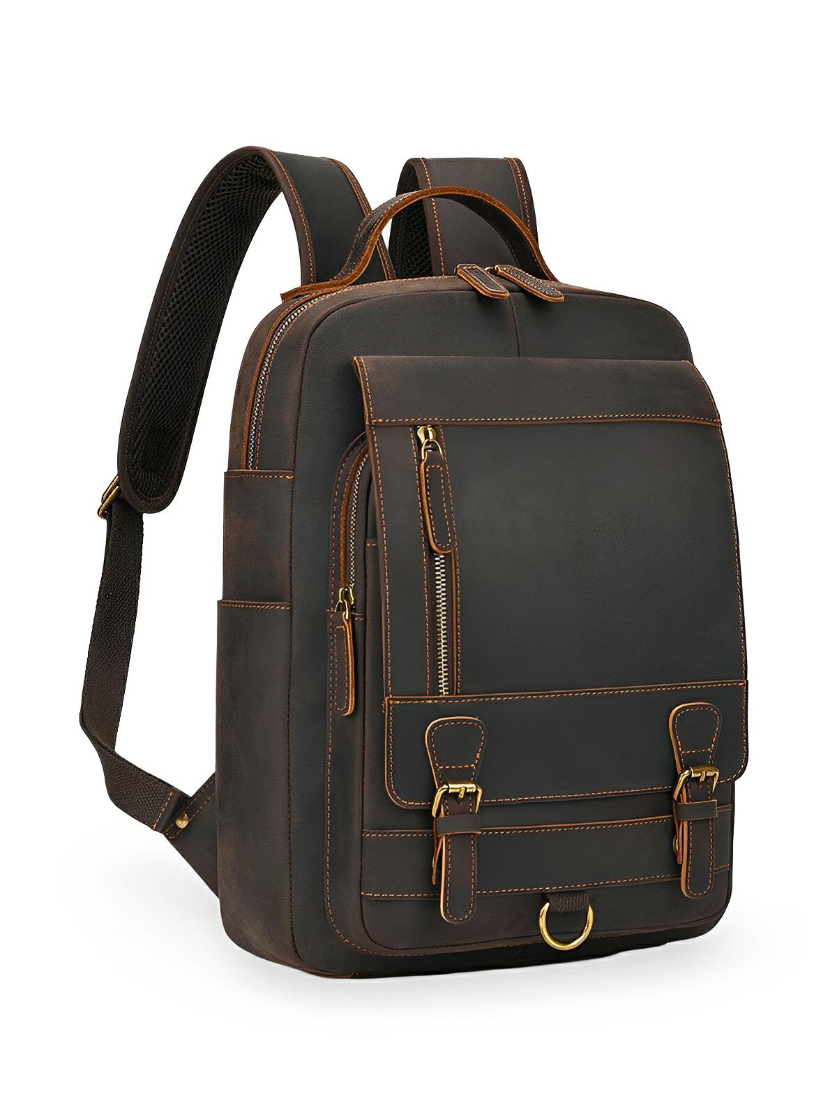 Sac à dos cuir, format cartable rétro, modèle Naissant - Sac à dos - Café