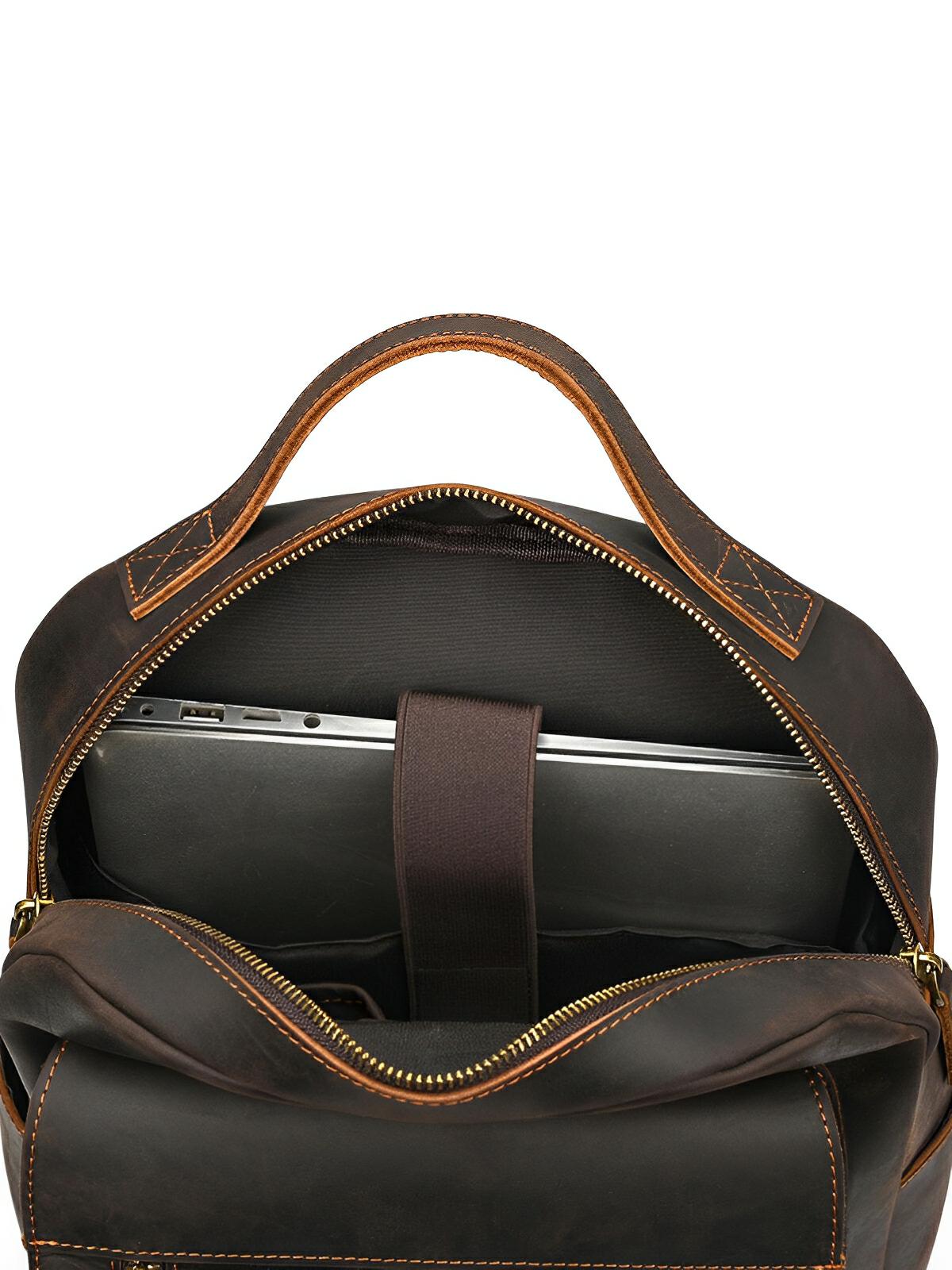 Sac à dos cuir, format cartable rétro, modèle Naissant - Sac à dos - Café