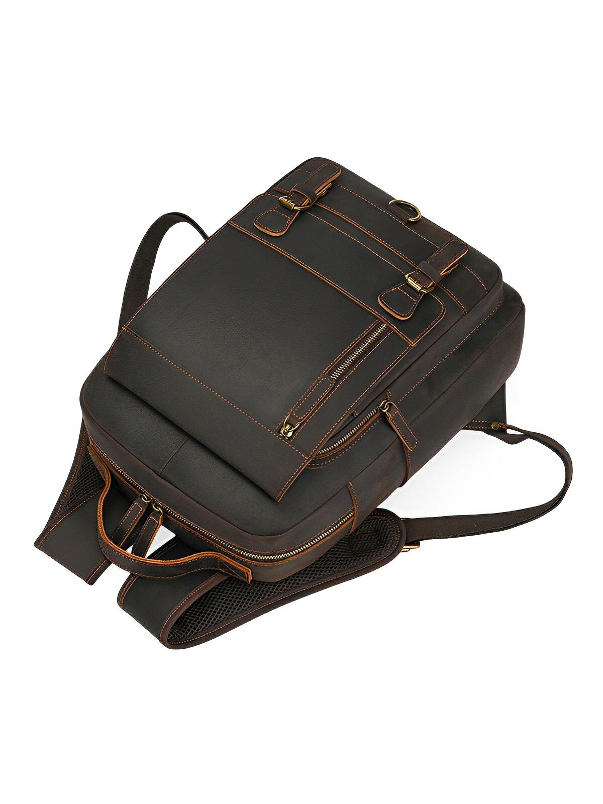 Sac à dos cuir, format cartable rétro, modèle Naissant - Sac à dos - Café