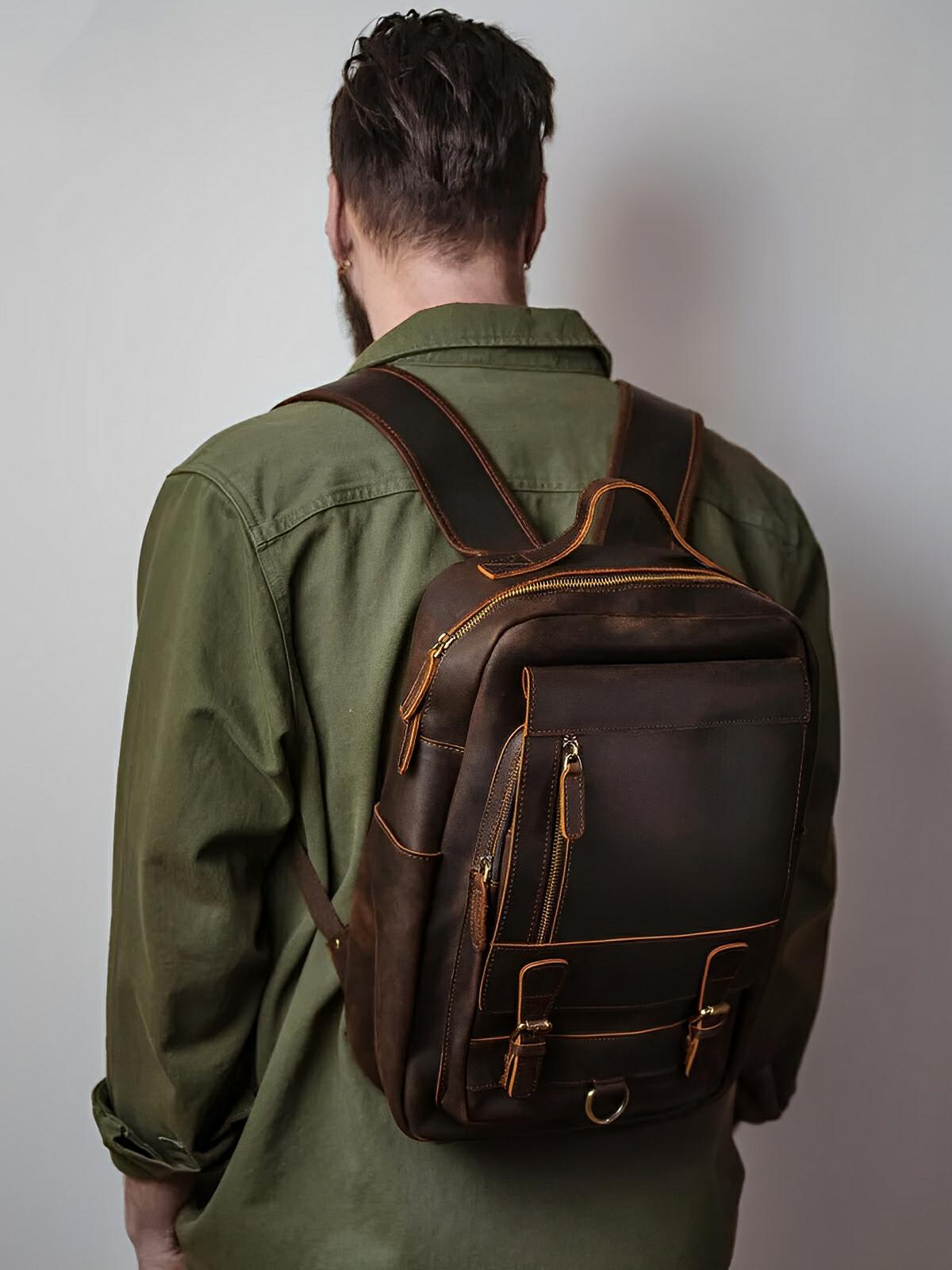 Sac à dos cuir, format cartable rétro, modèle Naissant - Sac à dos - Café