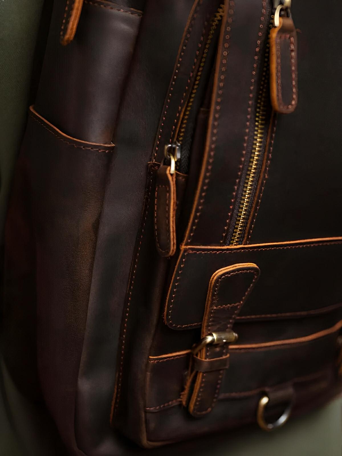 Sac à dos cuir, format cartable rétro, modèle Naissant - Sac à dos - Café