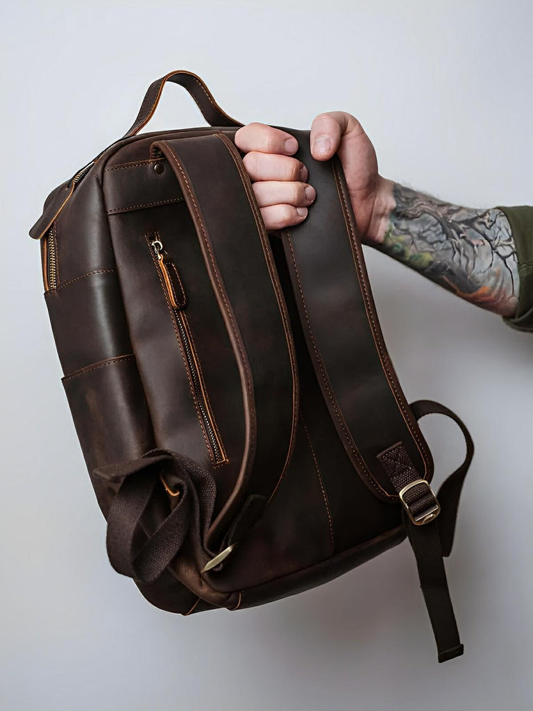Sac à dos cuir, format cartable rétro, modèle Naissant - Sac à dos - Café