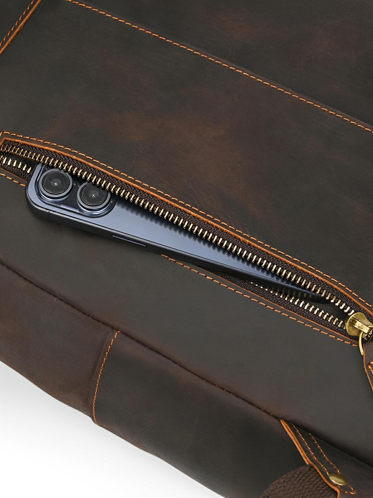 Sac à dos cuir, format cartable rétro, modèle Naissant - Sac à dos - Café