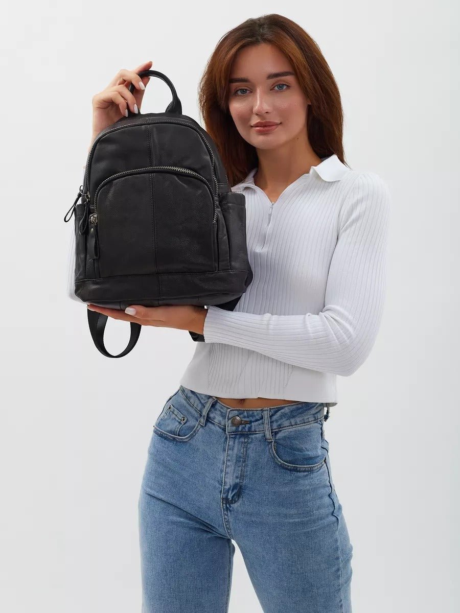 Sac à dos cuir noir femme, format compact, poches zippées, lanières réglables, design urbain, modèle Mana - Sac à dos - Noir