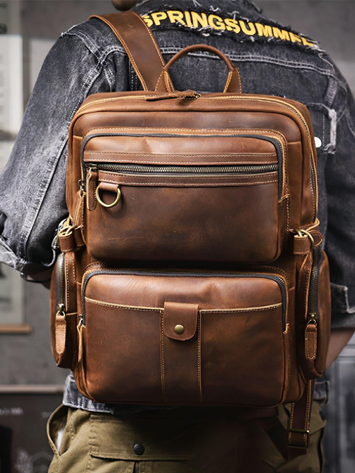 Sac à dos de voyage en cuir, aux bretelles larges, modèle Ulric - Sac à dos - Marron