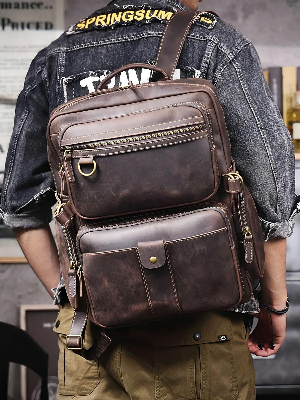 Sac à dos de voyage en cuir, aux bretelles larges, modèle Ulric - Sac à dos - Marron