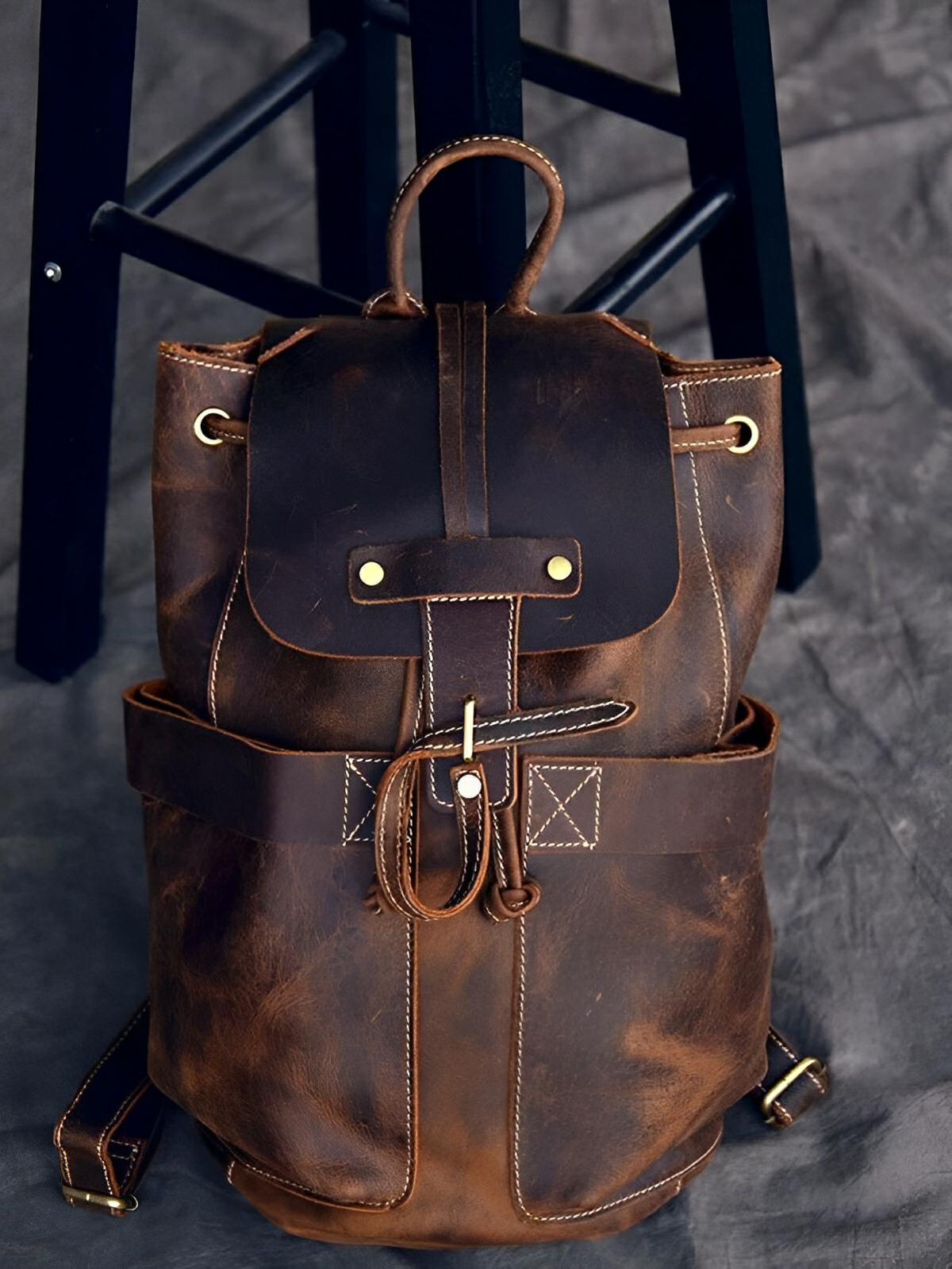 Sac à dos en cuir, vintage, baroudeur urbain, modèle Eudes - Sac à dos - Café