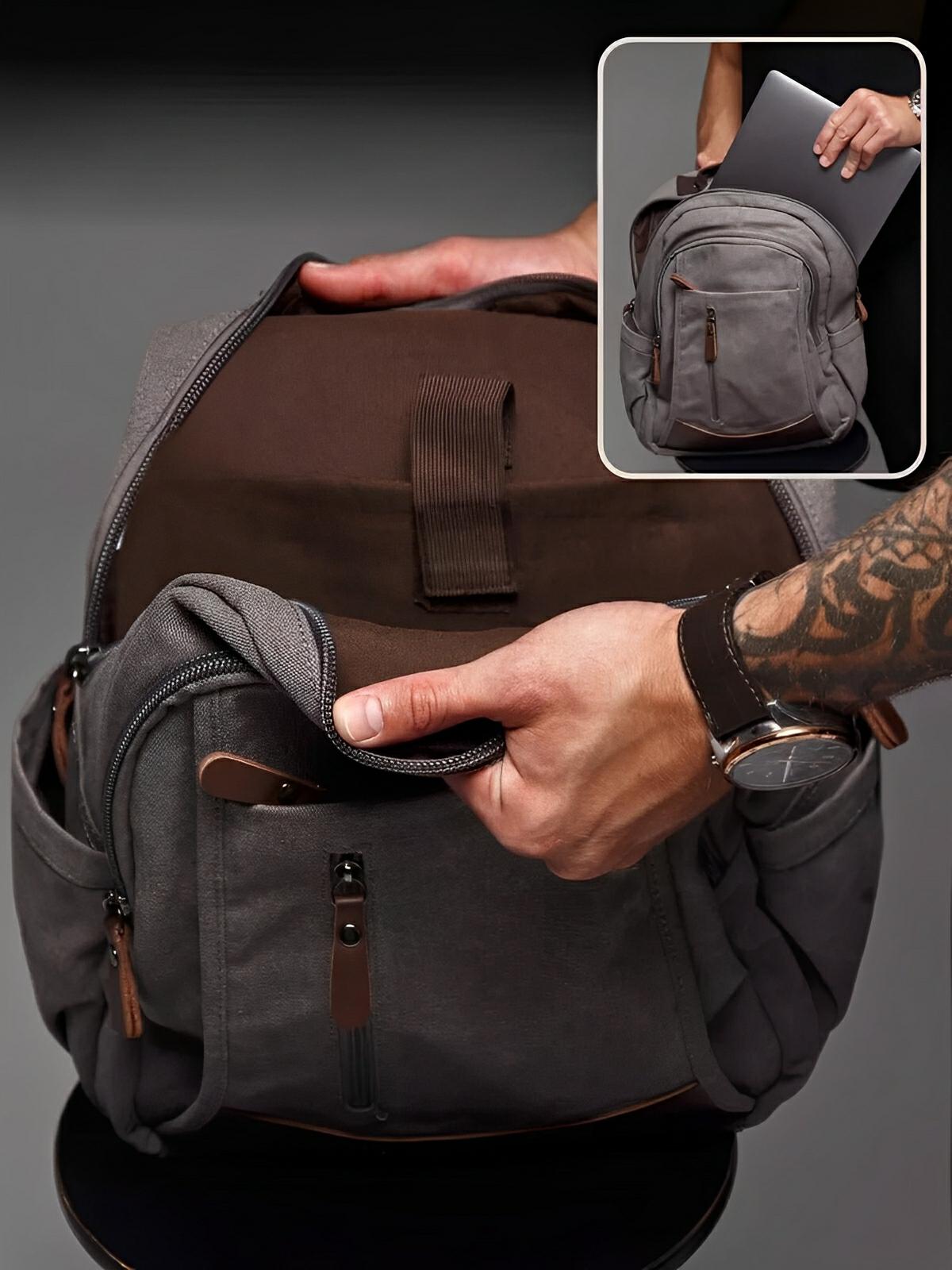 Sac à dos en toile canvas, grande capacité, bretelles rembourrées, design unisexe, modèle Charlie - Sac à dos - Gris foncé
