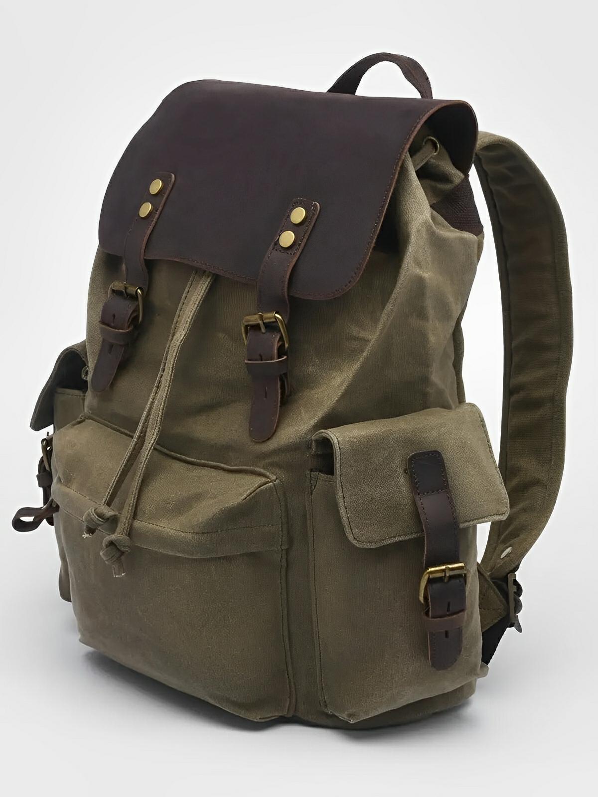 Sac à dos en toile cirée et cuir à grande capacité, imperméable et pratique, modèle Médéric - Sac à dos - Kaki