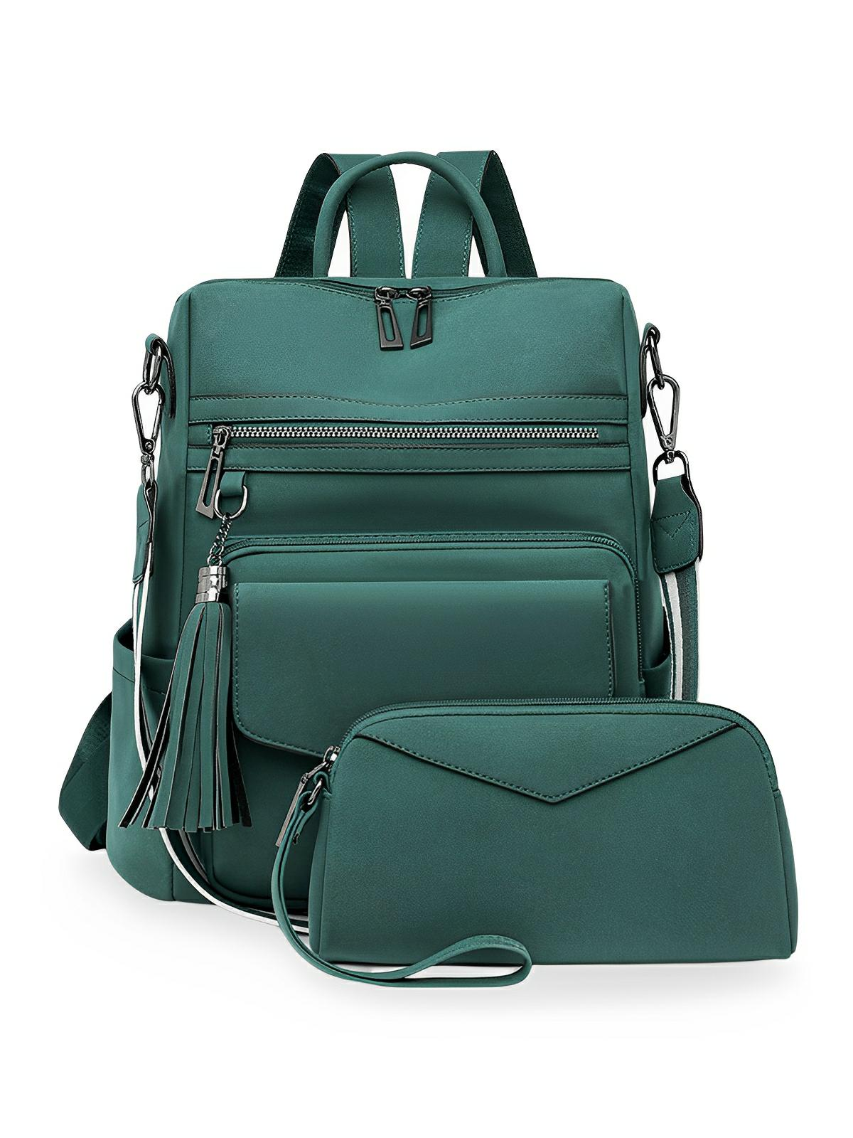 Sac à dos femme en simili vegan avec pochette, bicolore, grande capacité, détails franges, design urbain chic, modèle Lannah - Sac à dos - Vert