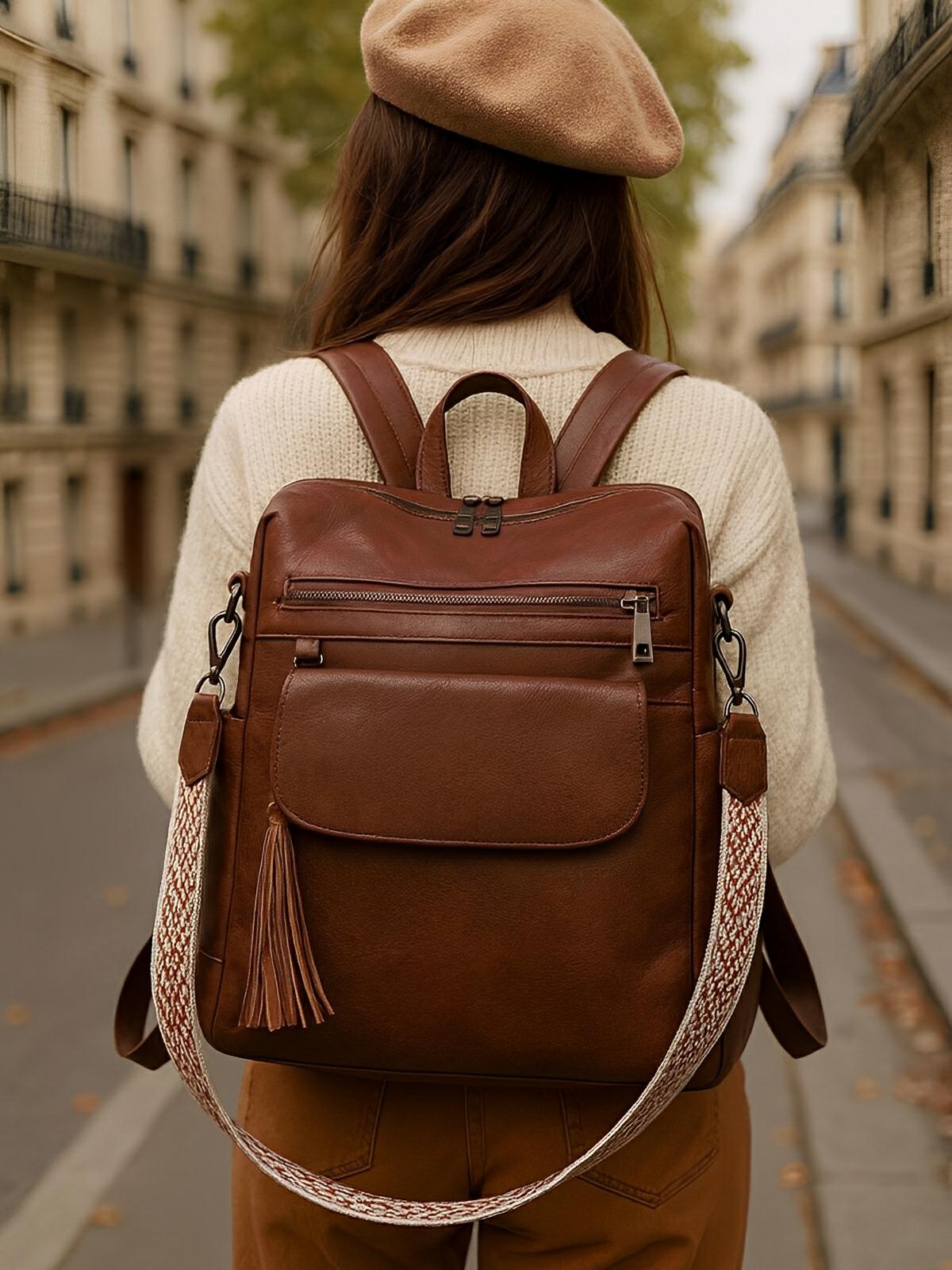 Sac à dos femme en simili vegan, grande capacité, style vintage, convertible en sac à bandoulière, avec poches multiples, modèle Laura - Sac à dos - Marron