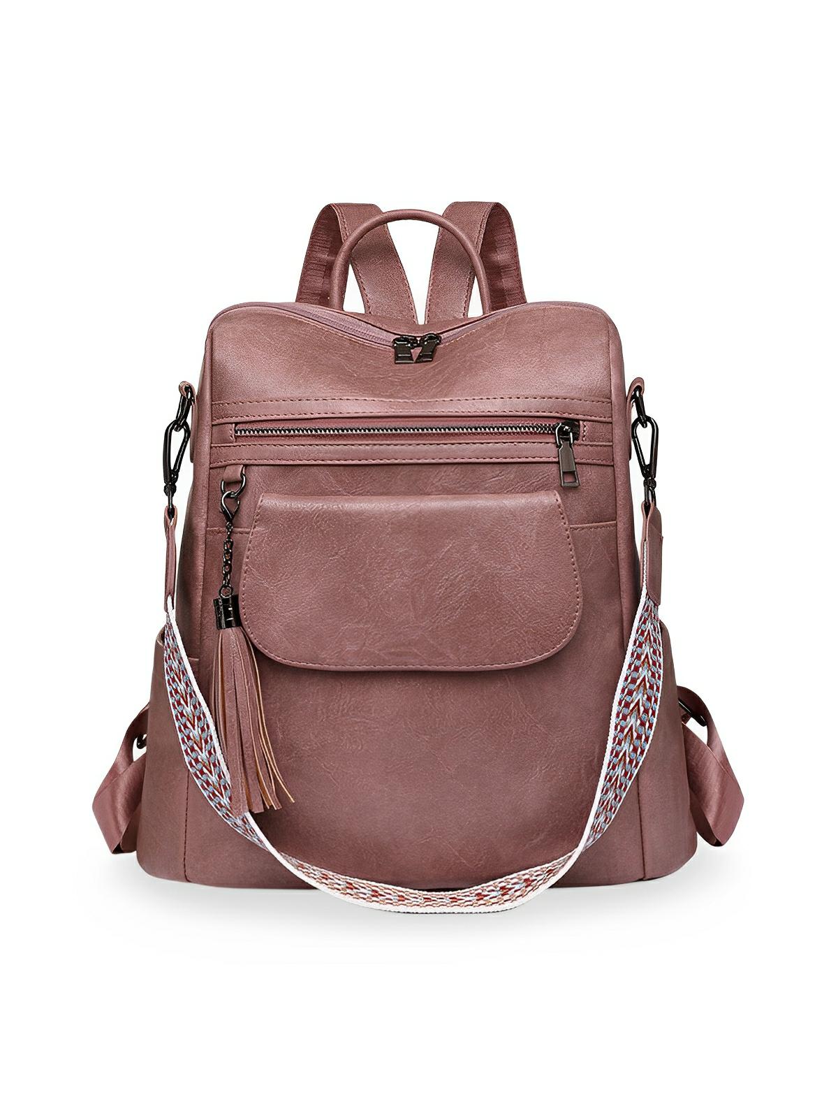 Sac à dos femme en simili vegan, grande capacité, style vintage, convertible en sac à bandoulière, avec poches multiples, modèle Laura - Sac à dos - Rose