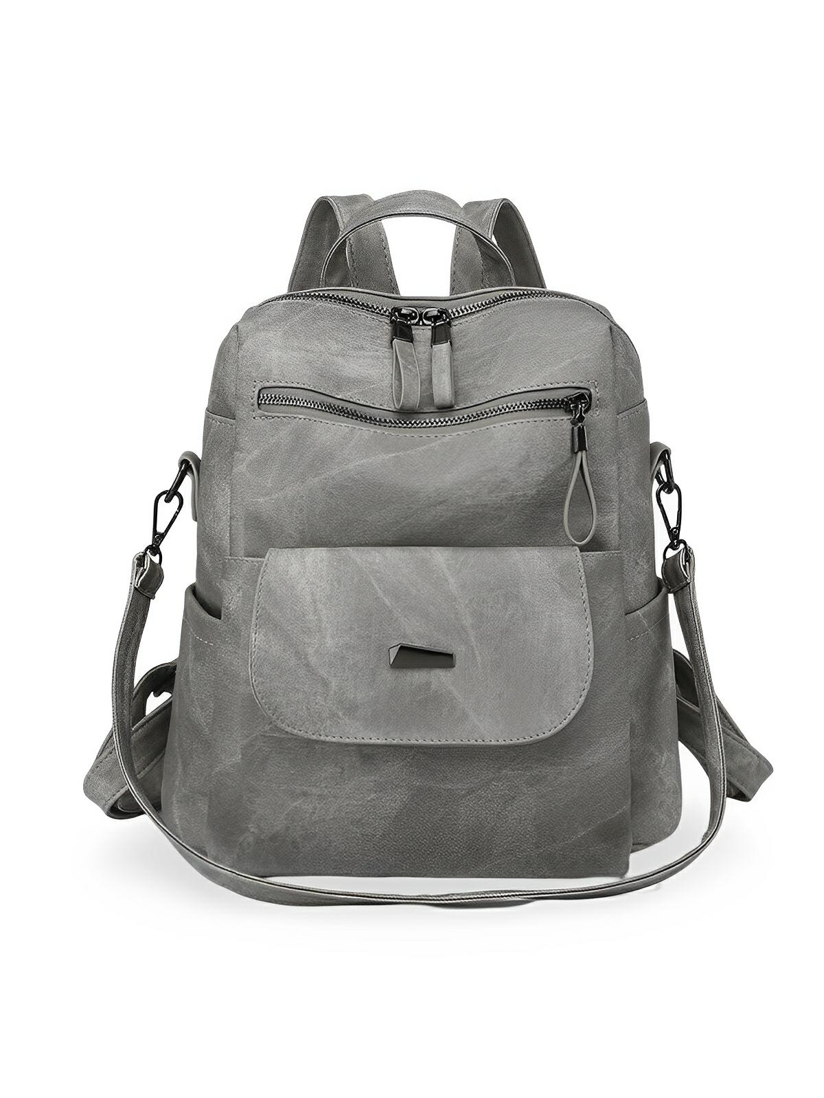 Sac à dos femme, grand format, simili vegan effet vieilli, sac convertible, multi - poches, casual chic, modèle Laurie - Sac à dos - Gris
