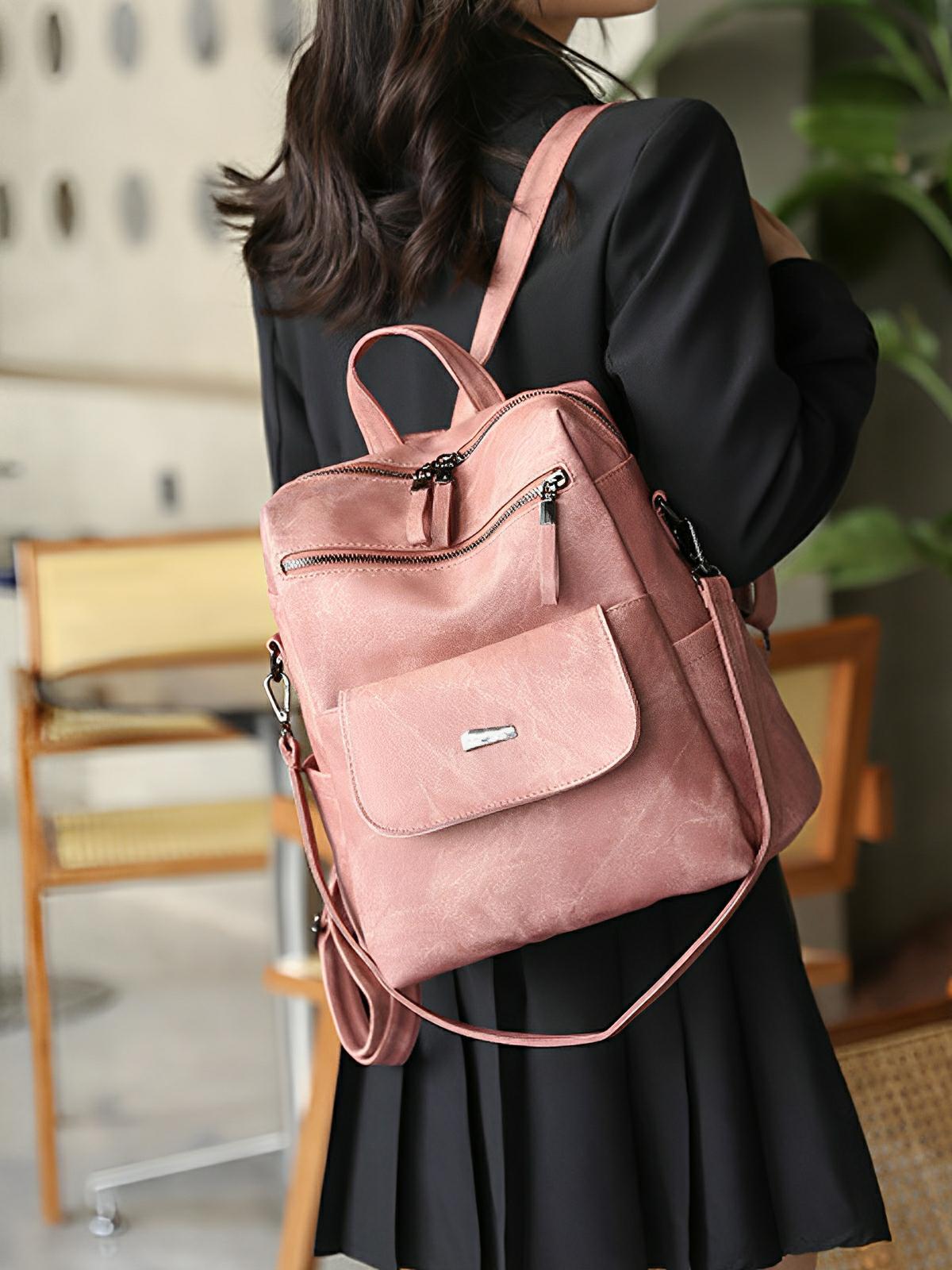 Sac à dos femme, grand format, simili vegan effet vieilli, sac convertible, multi - poches, casual chic, modèle Laurie - Sac à dos - Rose