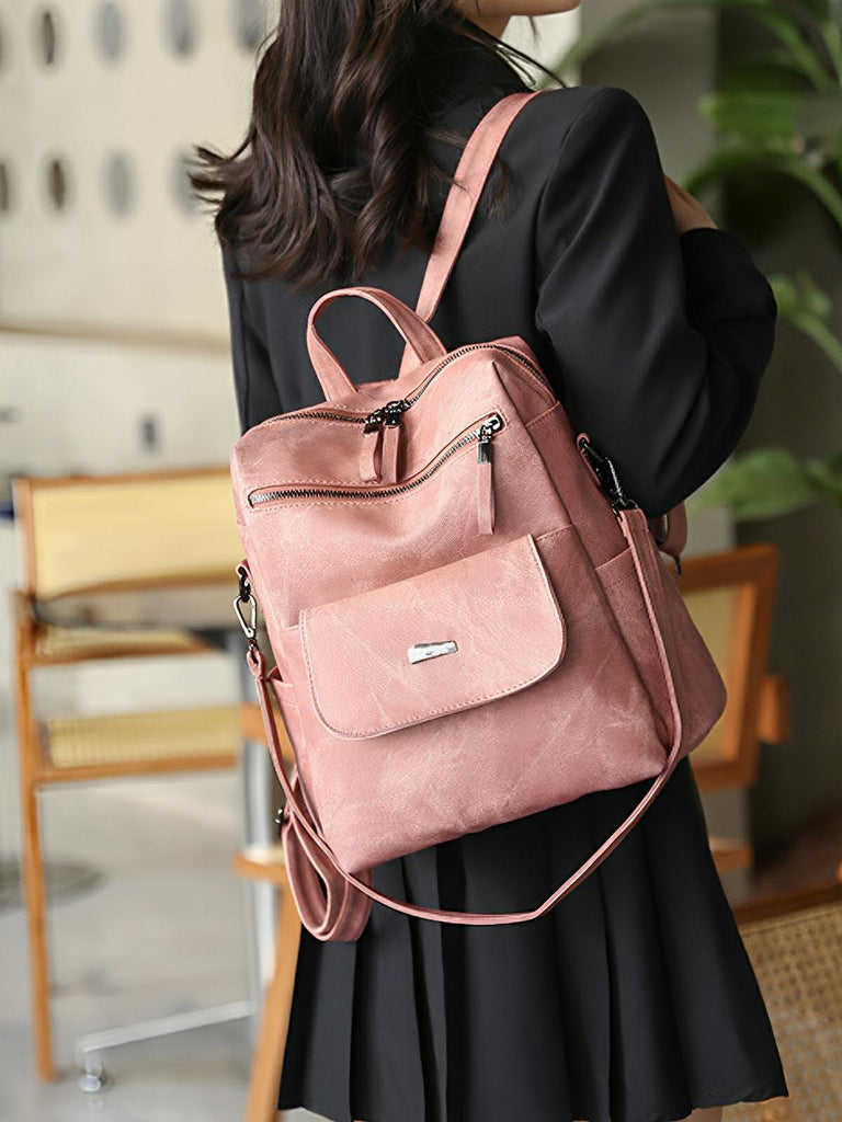 Sac à dos femme, grand format, simili vegan effet vieilli, sac convertible, multi - poches, casual chic, modèle Laurie - Sac à dos - Rose
