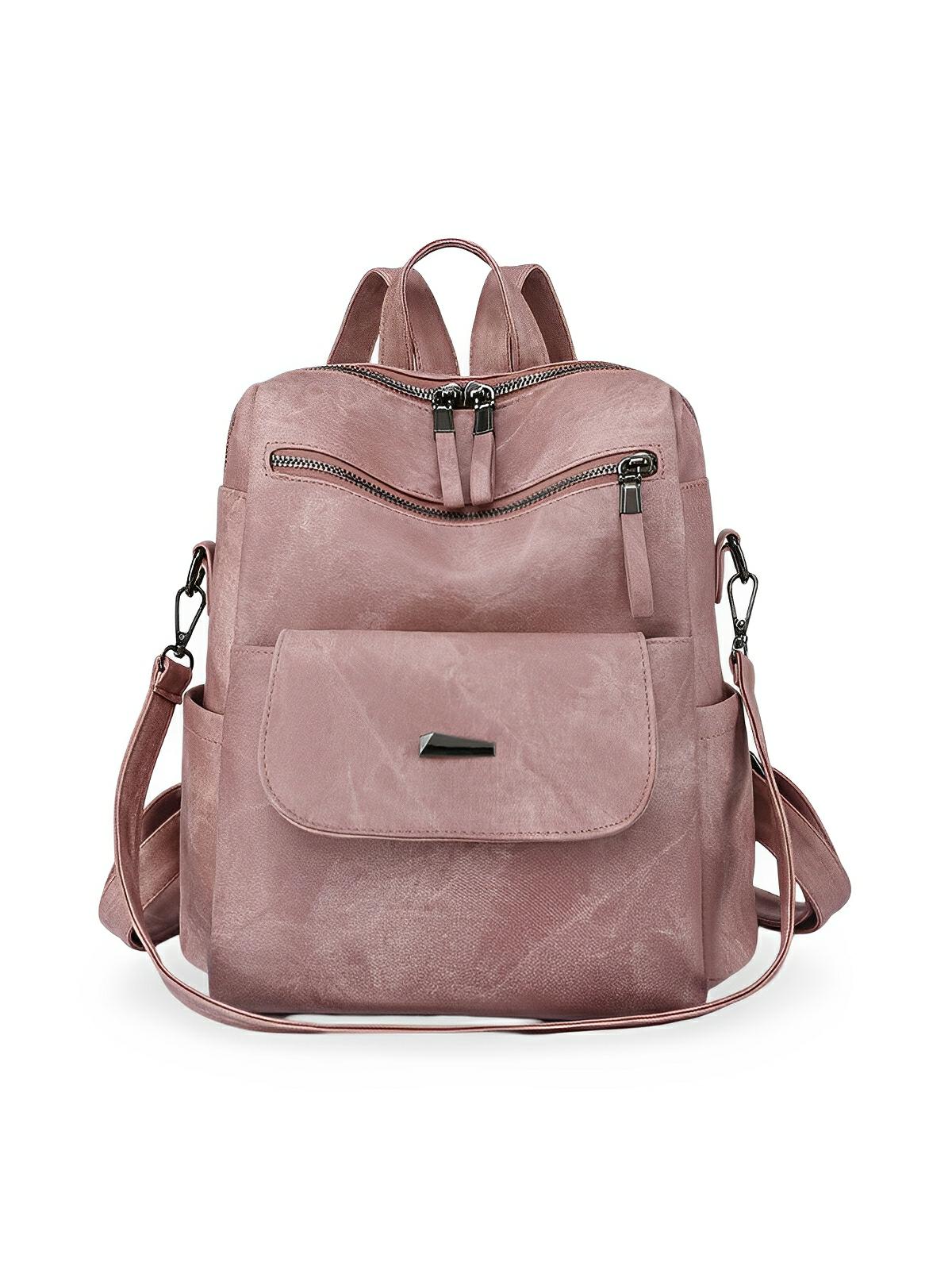 Sac à dos femme, grand format, simili vegan effet vieilli, sac convertible, multi - poches, casual chic, modèle Laurie - Sac à dos - Rose