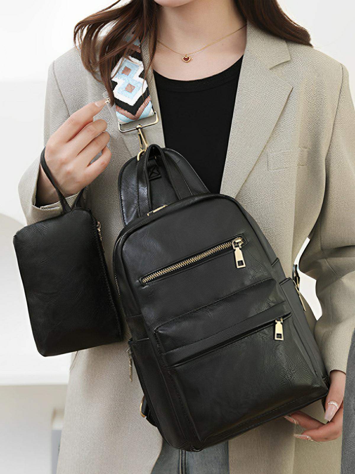 Sac à dos femme, sac bandoulière, design vintage, multi - poches, simili vegan effet, modèle Diana - Sac à dos - Noir