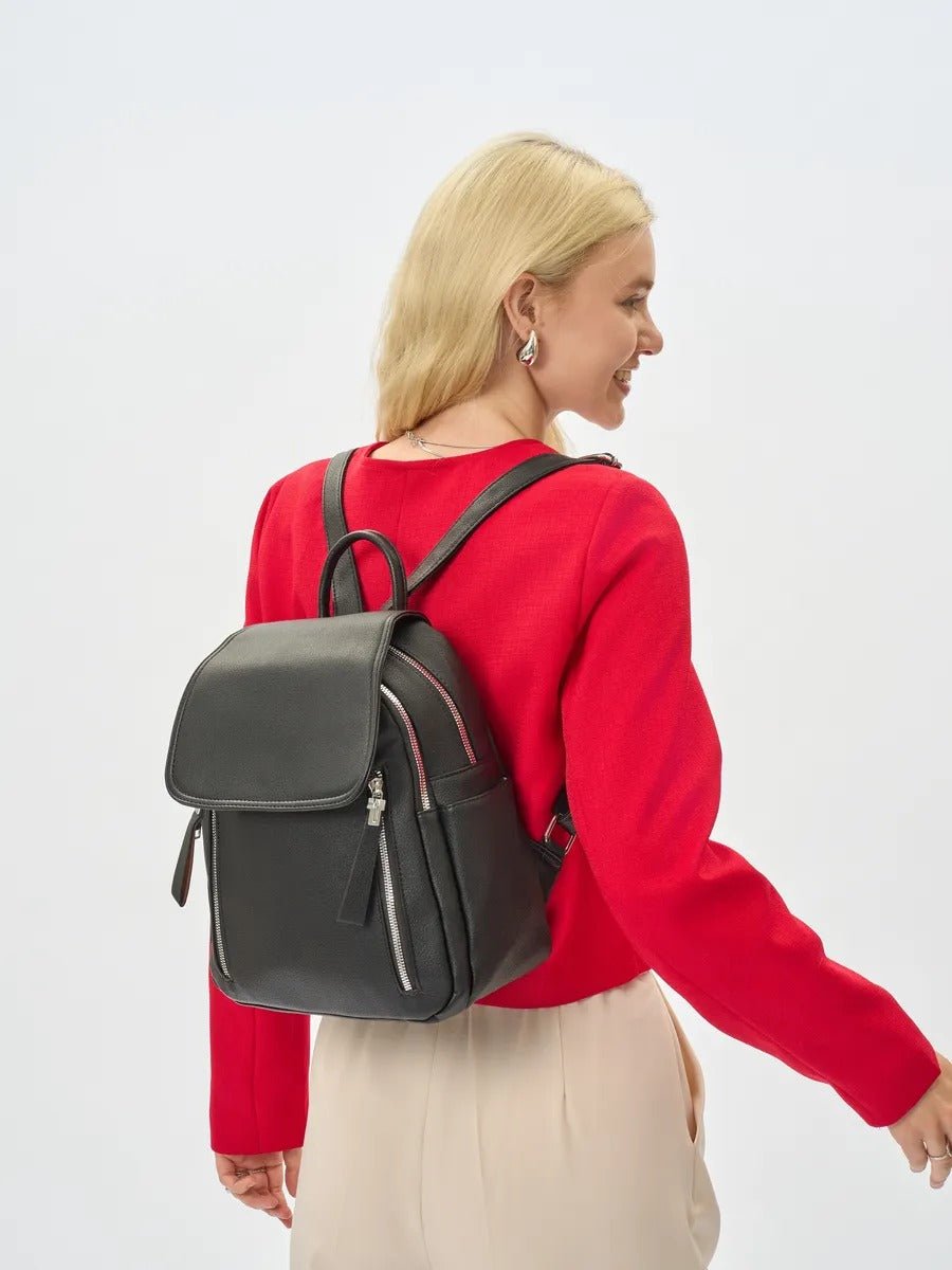 Sac à dos femme, sac PU, petit format, compartiment ordinateur, résistant, usage quotidien, modèle Floride - Sac à dos - Noir