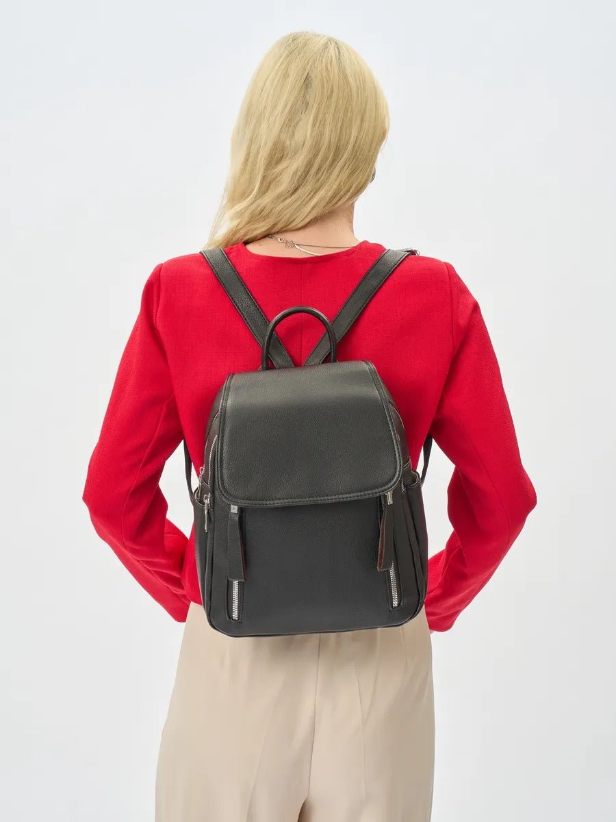 Sac à dos femme, sac PU, petit format, compartiment ordinateur, résistant, usage quotidien, modèle Floride - Sac à dos - Noir