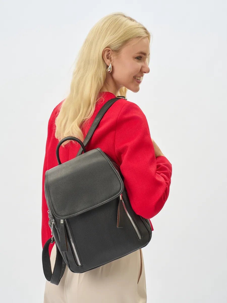 Sac à dos femme, sac PU, petit format, compartiment ordinateur, résistant, usage quotidien, modèle Floride - Sac à dos - Noir