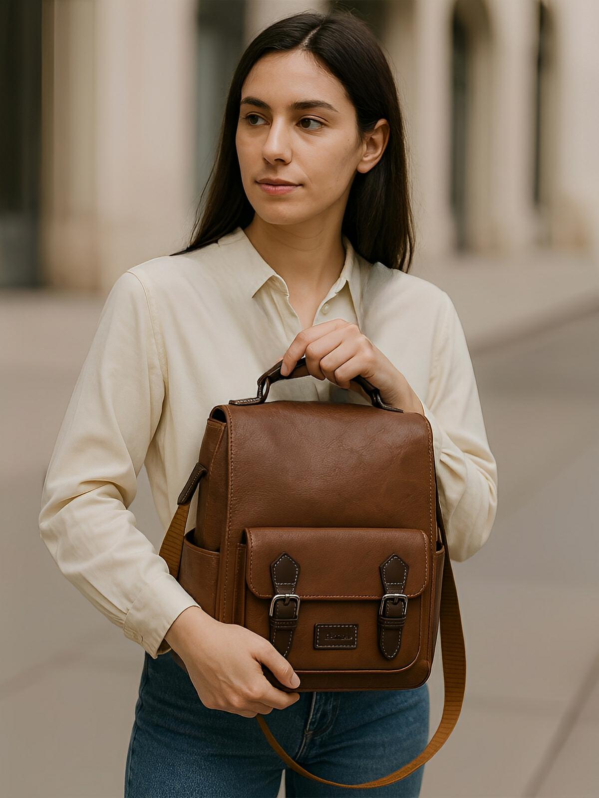 Sac à dos femme, simili vegan, design rétro, antivol, grande capacité, modèle Sisi - Sac à dos - Marron