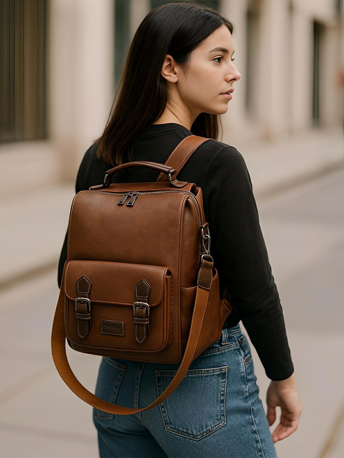 Sac à dos femme, simili vegan, design rétro, antivol, grande capacité, modèle Sisi - Sac à dos - Marron
