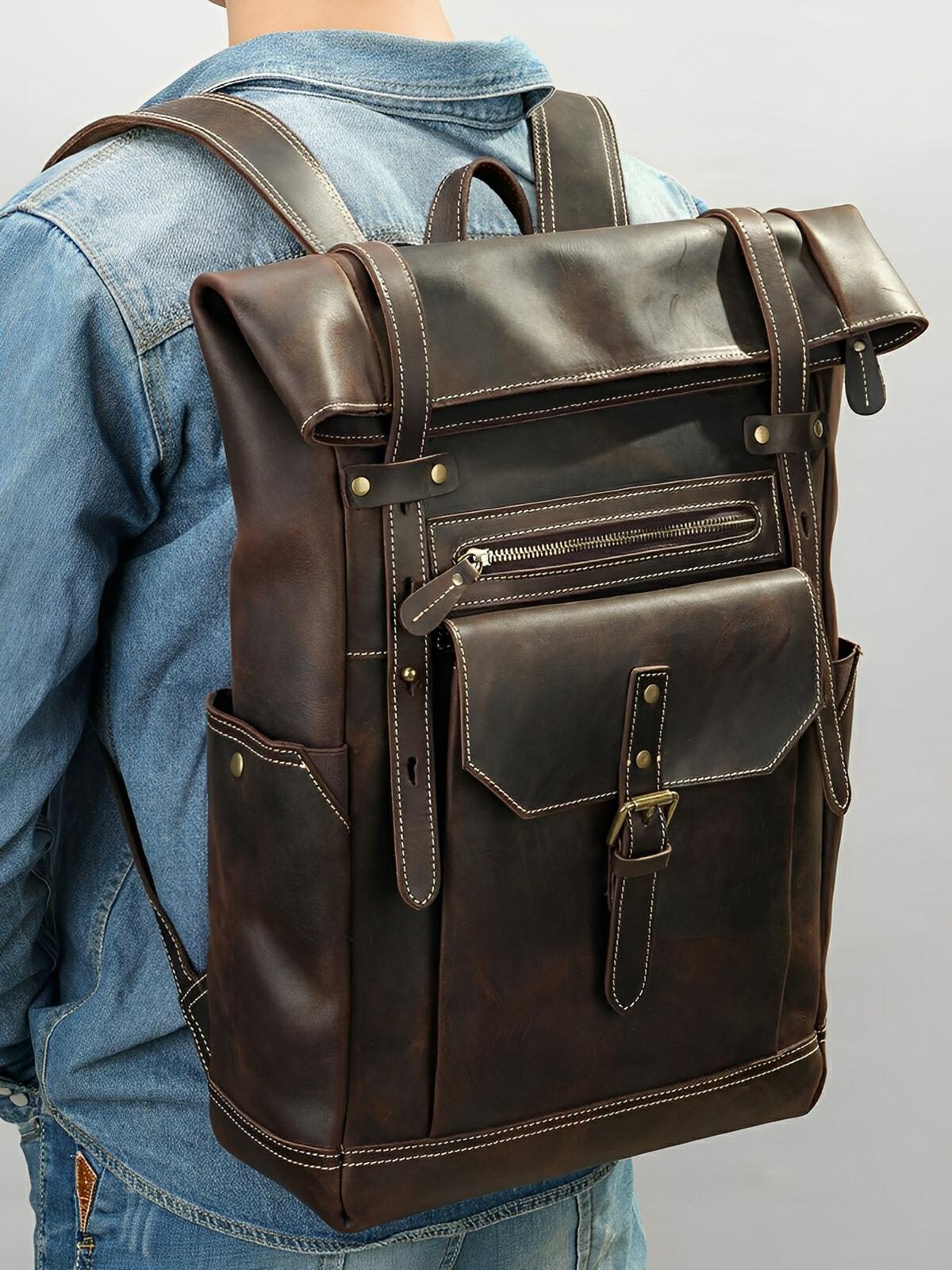 Sac à dos homme en cuir véritable, vintage et robuste, modèle Gervais - Sac à dos - Marron