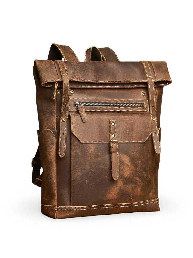 Sac à dos homme en cuir véritable, vintage et robuste, modèle Gervais - Sac à dos - Marron