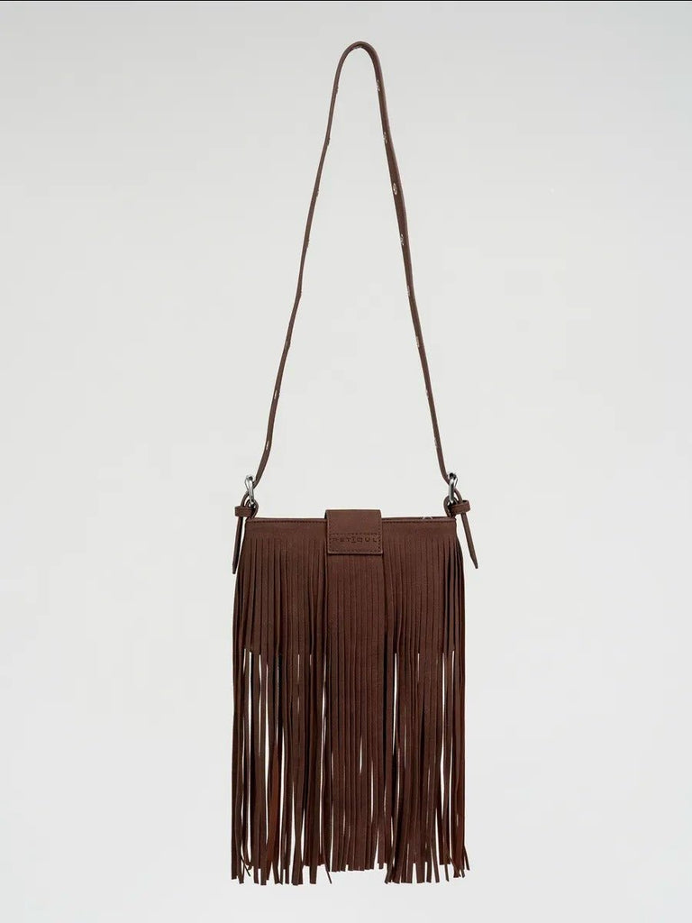 Sac à main à franges, forme rectangulaire, bandoulière réglable, style bohème, fermeture zippée, modèle Leneri - Sac à main - Café