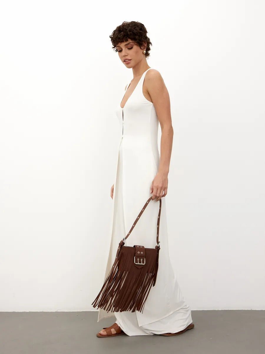 Sac à main à franges, forme rectangulaire, bandoulière réglable, style bohème, fermeture zippée, modèle Leneri - Sac à main - Café