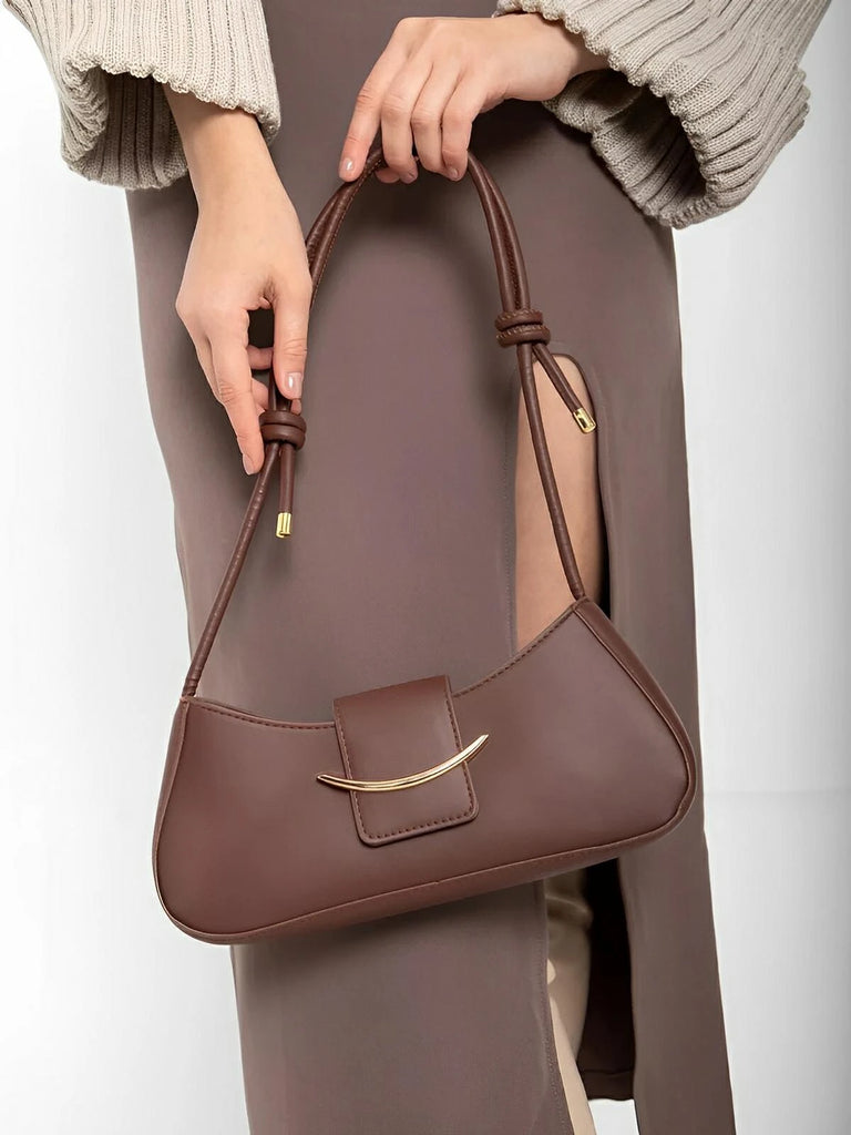 Sac à main baguette compact femme, simili vegan, bandoulière courte, imperméable, design minimaliste, modèle Bella - Sac à main - Marron