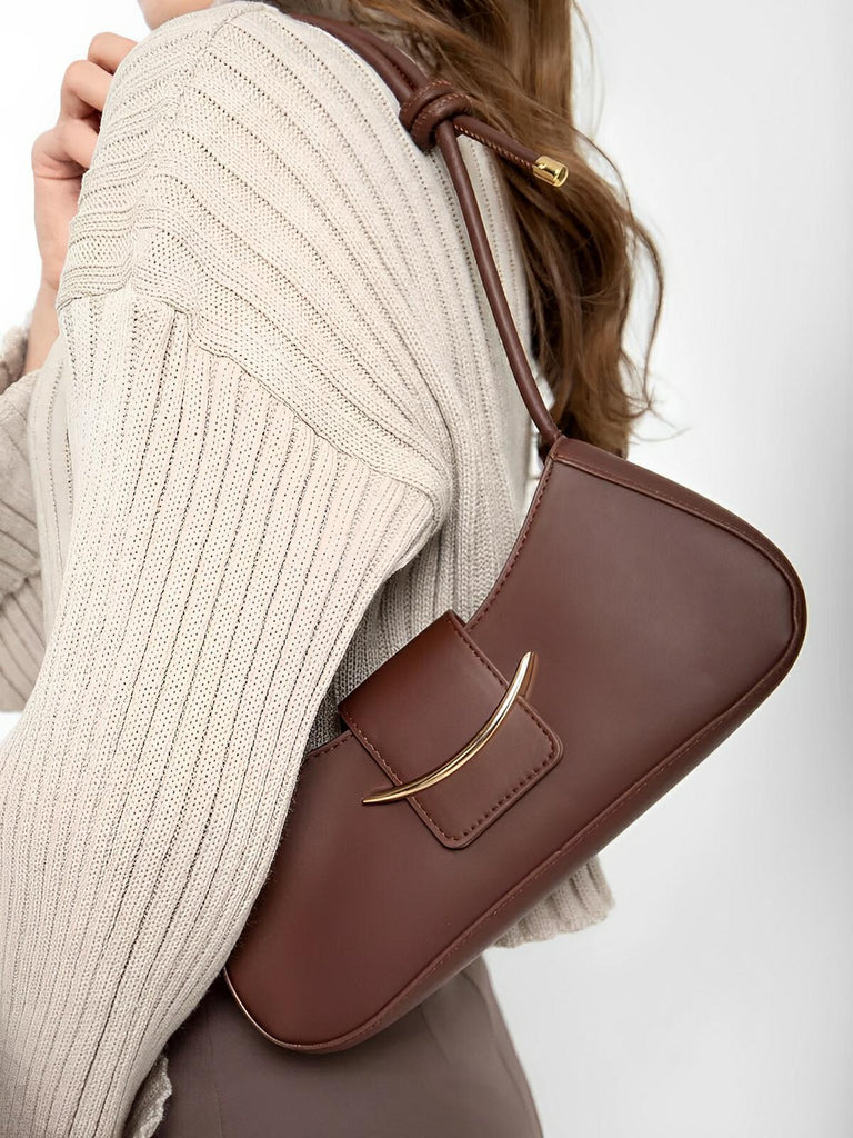 Sac à main baguette compact femme, simili vegan, bandoulière courte, imperméable, design minimaliste, modèle Bella - Sac à main - Marron