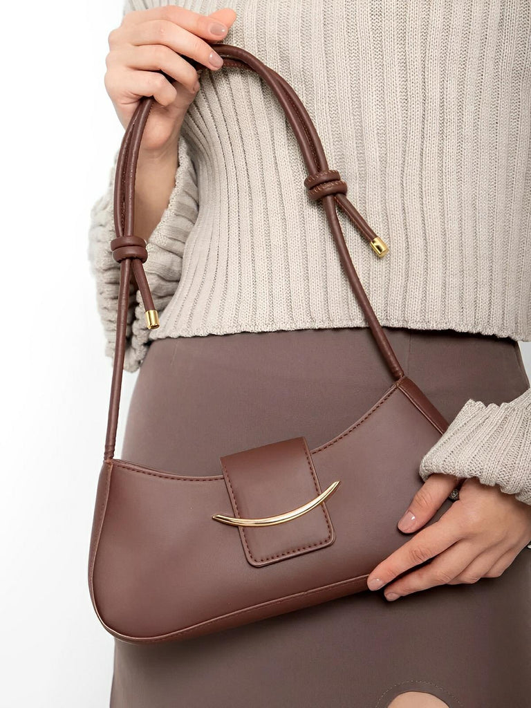 Sac à main baguette compact femme, simili vegan, bandoulière courte, imperméable, design minimaliste, modèle Bella - Sac à main - Marron