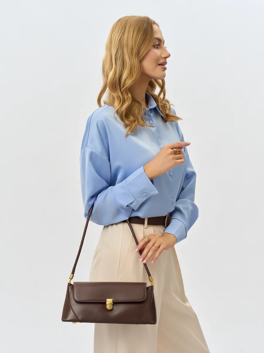 Sac à main baguette femme, sac bandoulière femme, sac épaule vintage, petit sac rigide, sac fermeture dorée, sac chic, modèle Ingrid - Sac à main - Café