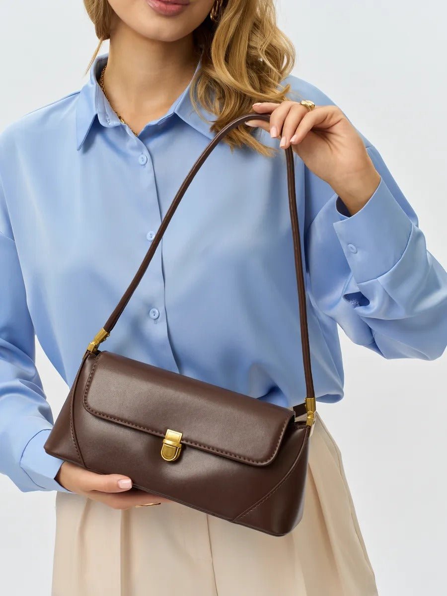 Sac à main baguette femme, sac bandoulière femme, sac épaule vintage, petit sac rigide, sac fermeture dorée, sac chic, modèle Ingrid - Sac à main - Café