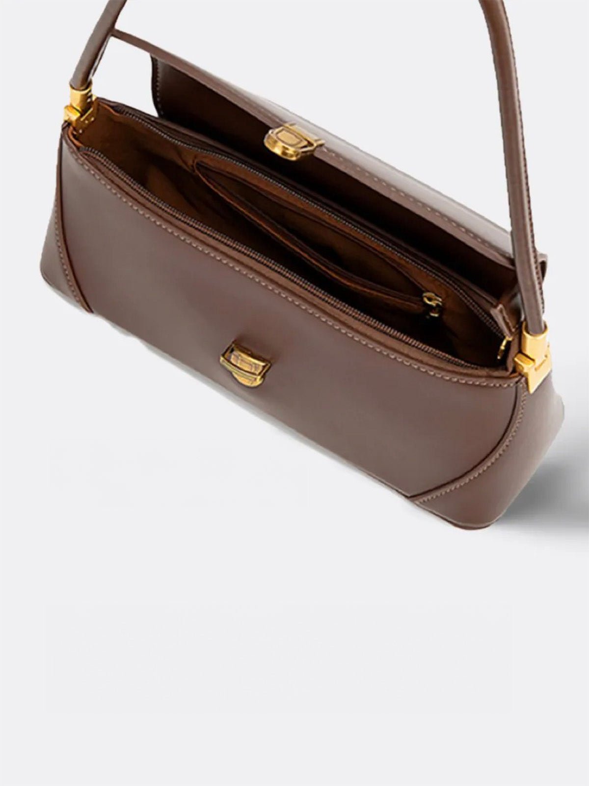 Sac à main baguette femme, sac bandoulière femme, sac épaule vintage, petit sac rigide, sac fermeture dorée, sac chic, modèle Ingrid - Sac à main - Café