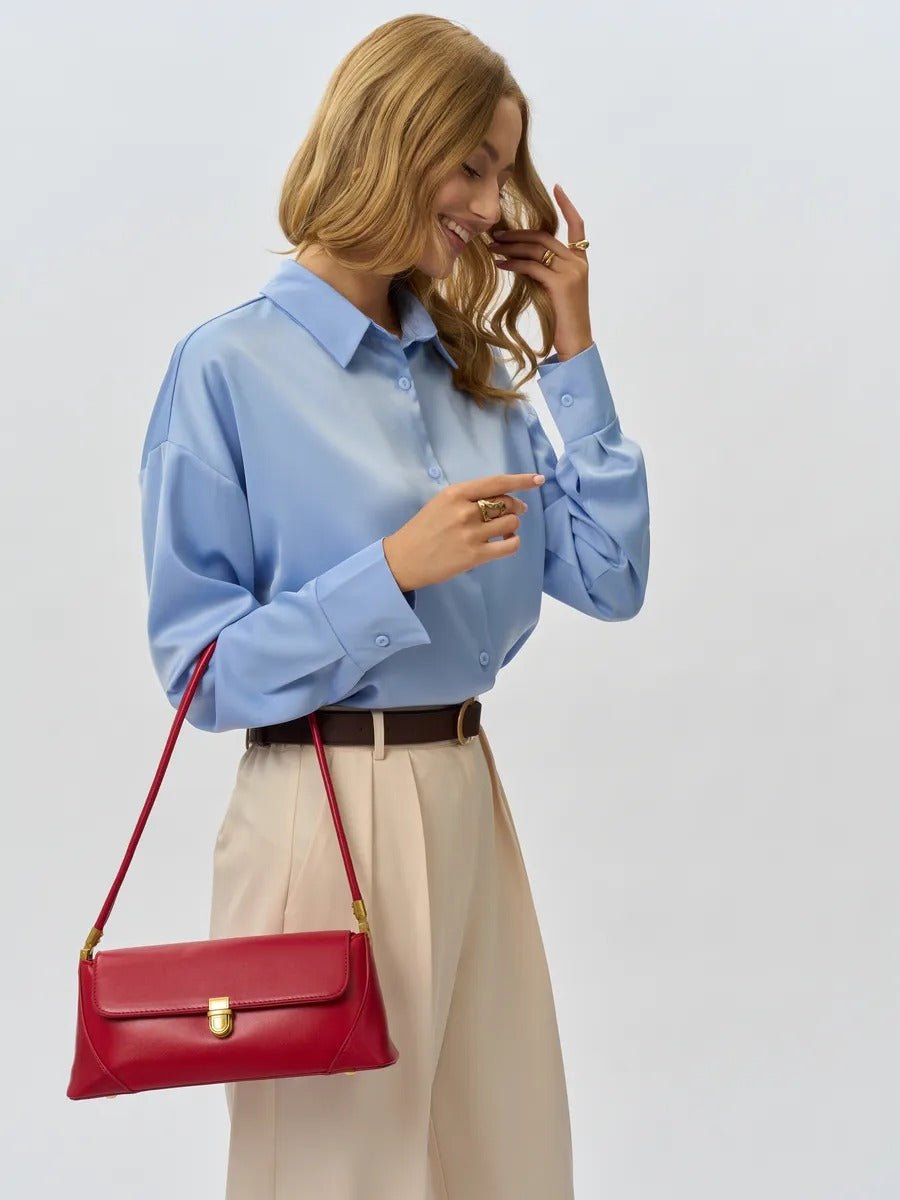 Sac à main baguette femme, sac bandoulière femme, sac épaule vintage, petit sac rigide, sac fermeture dorée, sac chic, modèle Ingrid - Sac à main - Rouge