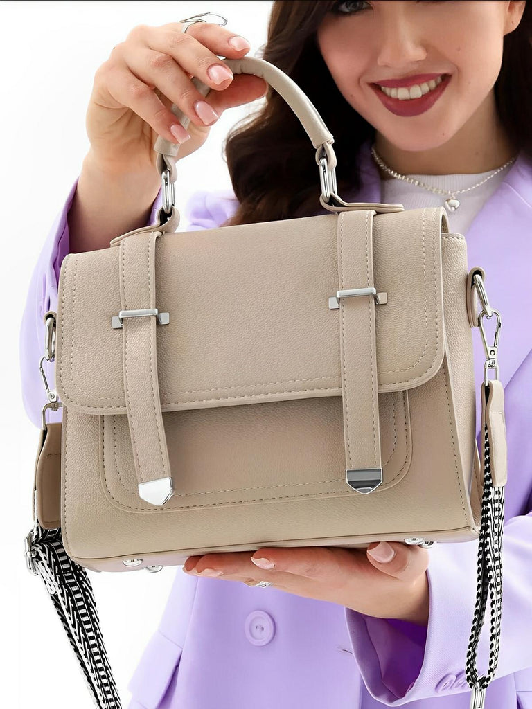 Sac à main baguette noir en simili vegan, bandoulières interchangeables, format structuré, multi - compartiments, élégant et pratique, modèle Katia - Sac à main - Taupe