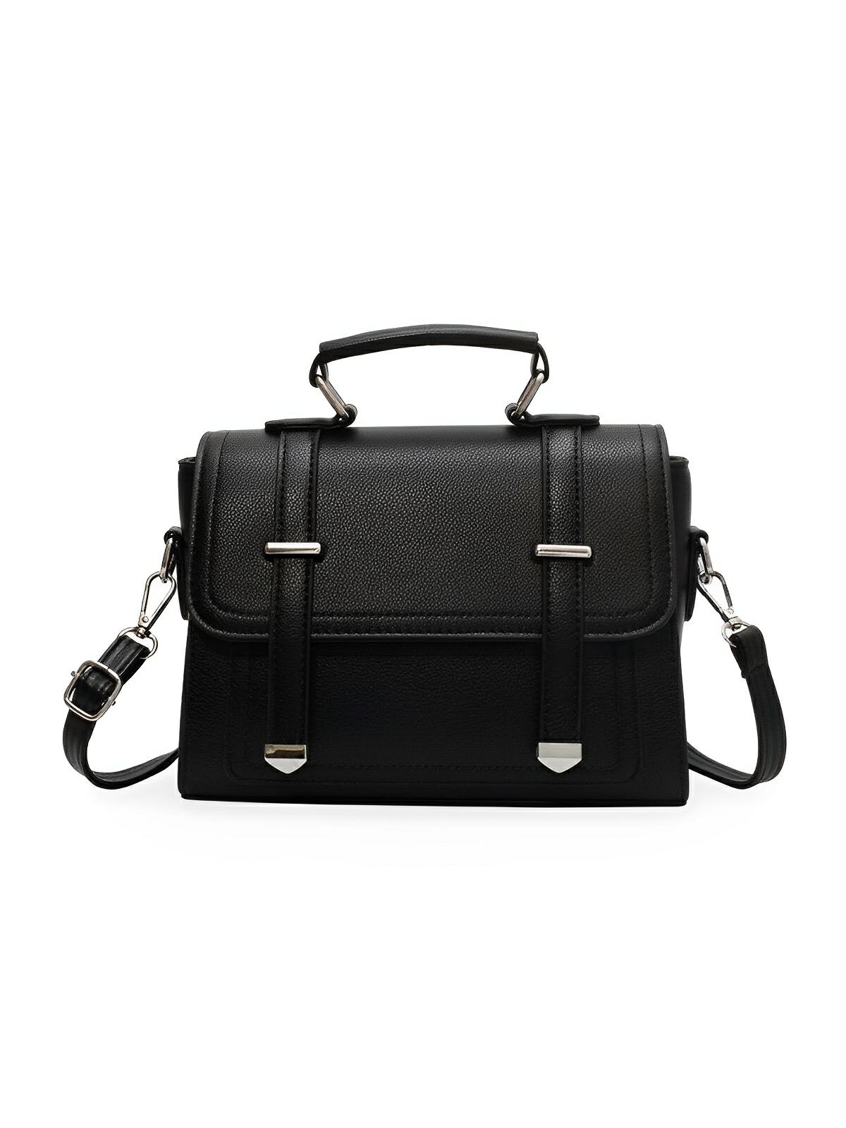 Sac à main baguette noir en simili vegan, bandoulières interchangeables, format structuré, multi - compartiments, élégant et pratique, modèle Katia - Sac à main - Noir